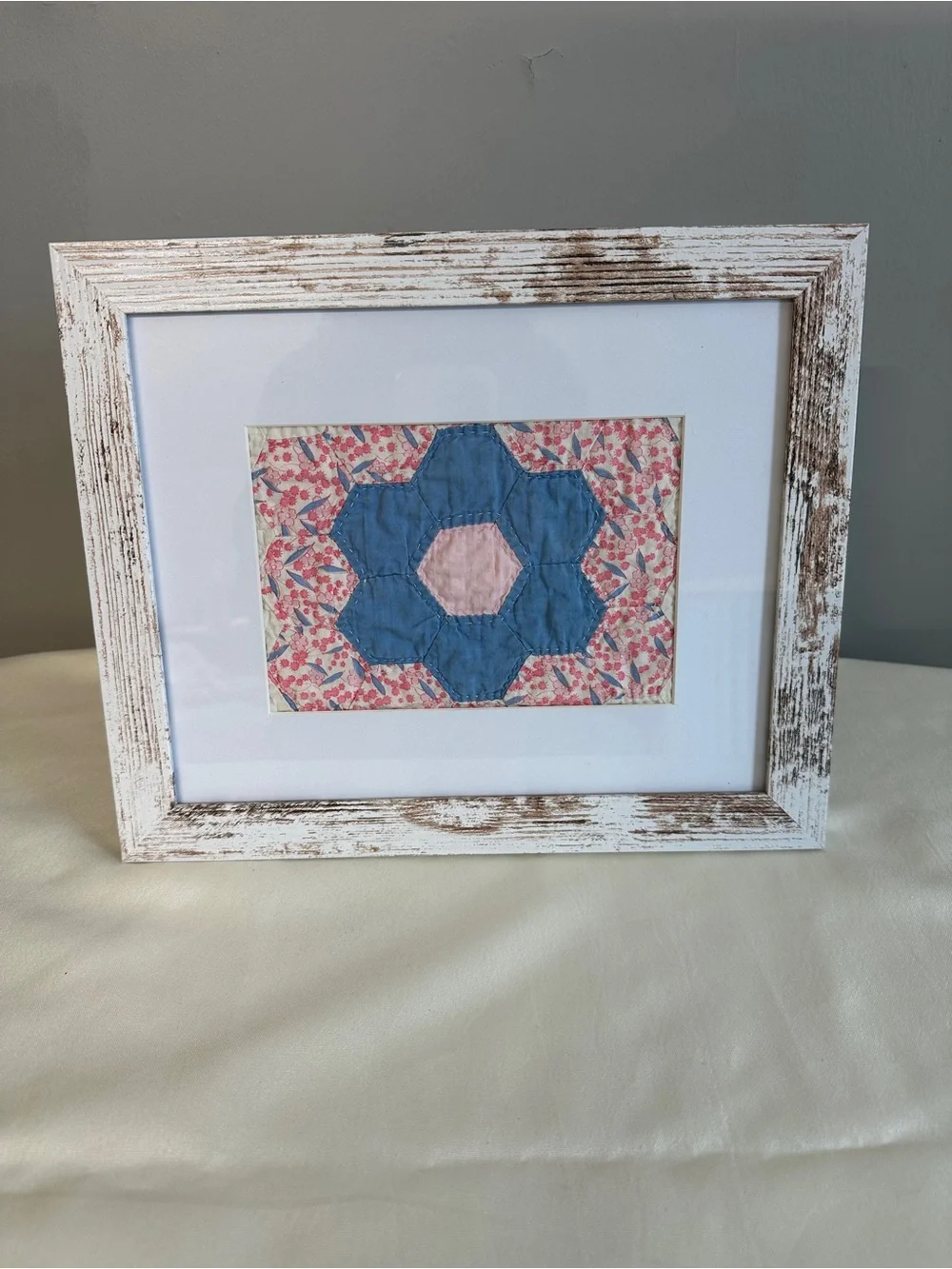 Framed Floral Vintage Quilt Patch Art - Blue & Pink